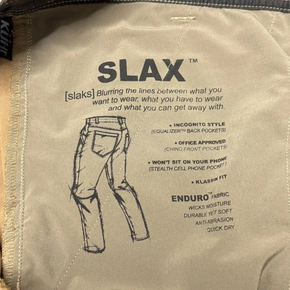 Kuhl Slax Pants Mens 38x32 Tan Enduro Fabric Klassik Fit Hiking Chino Brown